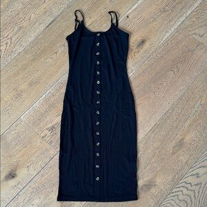 Mind Code Black Ribbed Button-Front Midi Dress